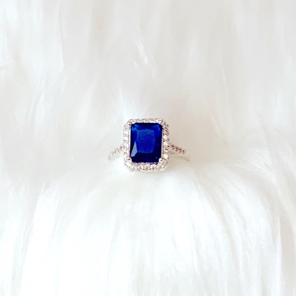 Simulated Sapphire With Cubic Zirconia Halo And White Gold Over Sterling Band - Picture 1 of 4